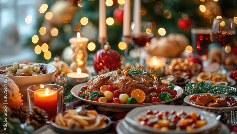 Christmas dinner with traditional dishes and decorations, table full of food. Created with Ai