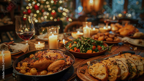 A festive Christmas dinner with rich dishes, candles and decorations on the table. Created with Ai