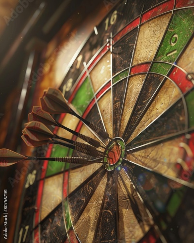 A sharp perspective of a dartboard with multiple darts stuck into the bullseye, symbolizing accuracy and goal achievement