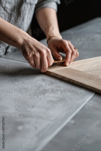 Close-up of skilled artisan hands assembling wooden planks on a dusty workbench, demonstrating precision and craftsmanship