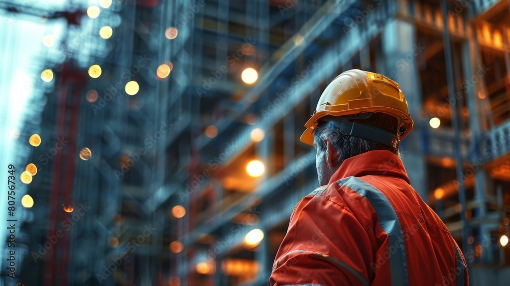 Civil Engineer Inspecting Construction Framework: Depict an engineer checking the steel framework or concrete pouring process on a large scale construction project, emphasizing attention