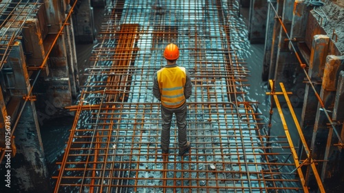 Civil Engineer Inspecting Construction Framework, engineer checking the steel framework or concrete pouring process on a larg construction project, emphasizing attention to detail and safety photo