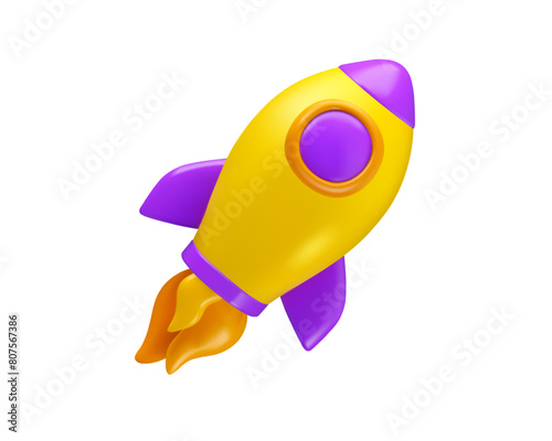 Rocket vector 3d icon. Space ship launch. Flying spacecraft as business startup concept. Cartoon simple shiny toy