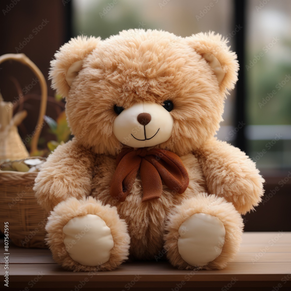 Obraz premium a teddy bear with a bow tie sits on a tree trunk