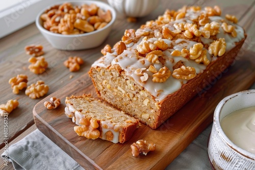 An enticing image showcasing a freshly baked glazed walnut cake adorned with nuts on a rustic wooden board  perfect for culinary themes