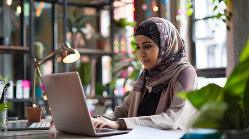 Young muslim woman wearing headscarf working on laptop in office 