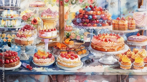 whimsical bakery display featuring a variety of cakes, including a white cake, a cake, and a red strawberry