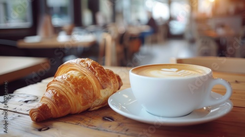 Freshly baked croissant paired with a hot cappuccino, highlighting the frothy art on top, on a wooden table in a cozy café atmosphere