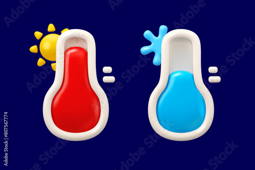 High and low temperature icon set. Vector 3d simple thermometer symbol. Sun and snowflake, weather cartoon design elements isolated on a dark background