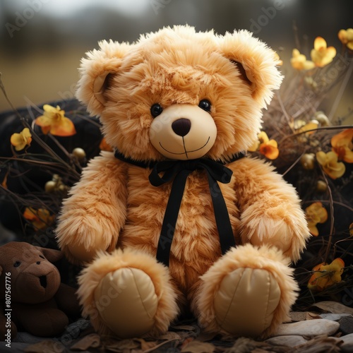 a teddy bear with a bow tie sits on a tree trunk © Nastassia