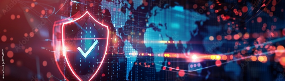 A glowing digital shield with a checkmark in the center, displayed in front of a world map, signifying successful global network security measures A glowing digital shield with a checkmark in the center, displayed in front of a world map, signifying successful global network security measures