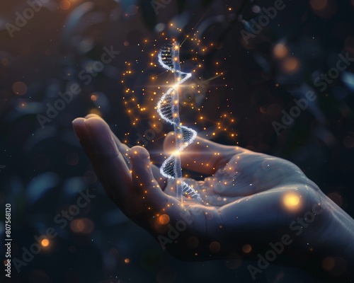 A hand reaching out to cradle a glowing DNA helix, representing the human touch in medical care