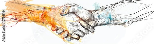 A handshake drawn in multiple line styles, representing the coming together of different perspectives in an agreement photo