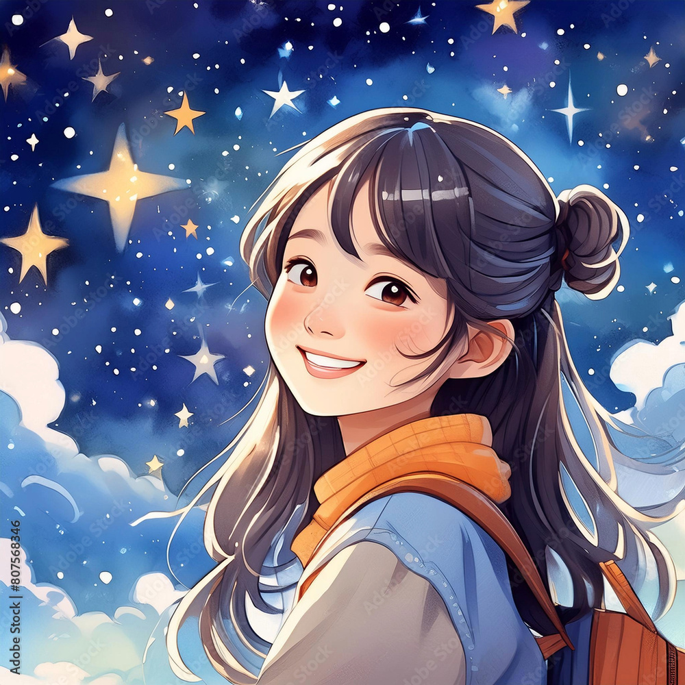 아름다운 밤하늘을 바라보며 미소 짓는 소녀 아름다운 밤하늘을 바라보며 미소 짓는 소녀