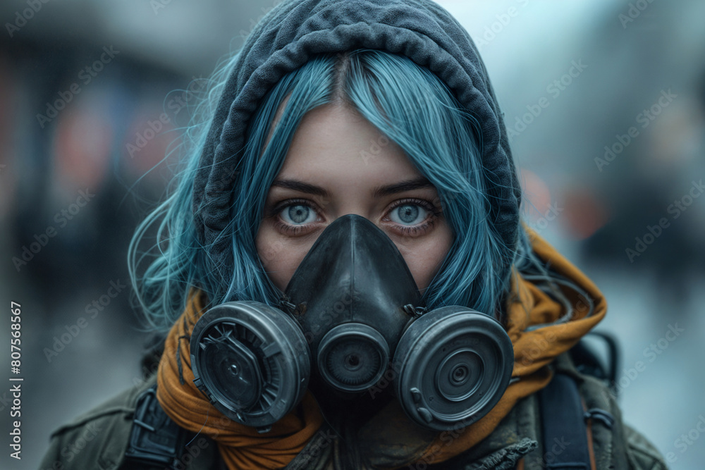A young woman with blue hair wears a gas mask, staying alert in a desolate urban environment. The woman showcases resilience and individuality amidst hazardous conditions A young woman with blue hair wears a gas mask, staying alert in a desolate urban environment. The woman showcases resilience and individuality amidst hazardous conditions