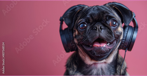 A cute black pug dog wearing headphones smiling and listening to music on a pink background. Created with Ai
