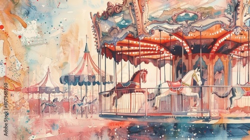 carousel dreams come true a majestic white horse stands beside a vibrant red and white tent, while a playful child sings in delight © YOGI C