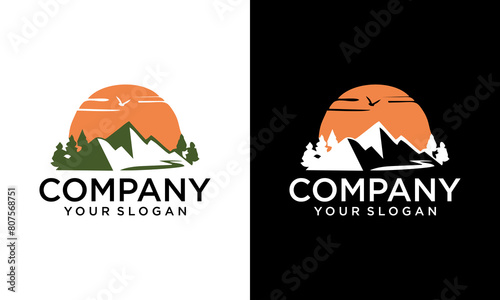 Creative Mountain peak summit logo design. Outdoor hiking adventure icon set. Alpine wilderness travel symbol. Vector illustration.