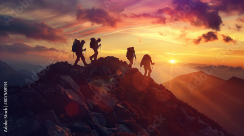 Silhouettes of hikers intertwine as they navigate the mountain's ascent, their figures entwined in a dance of determination and cooperation against the backdrop of the setting sun.