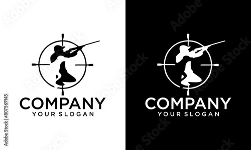 Creative hunting sniper rifle and dog hunt logo design