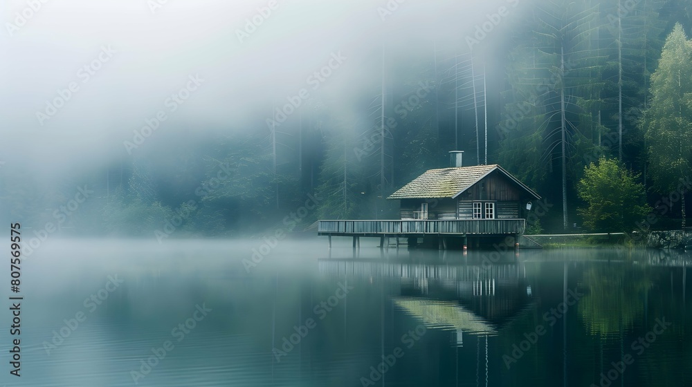 Fototapeta premium Wooden Cottage on the foggy lake.
