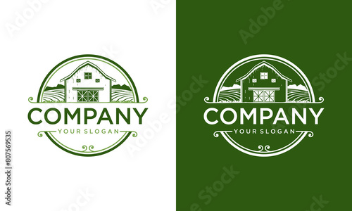 Creative Farm House concept logo. Template with farm landscape. Label for natural farm products. Black logotype isolated on white and green background. Vector illustration.