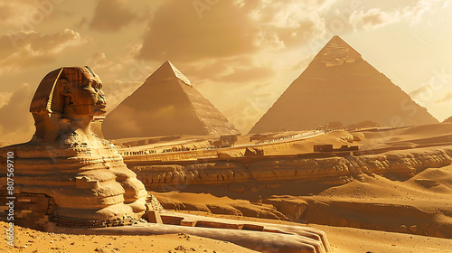 The Great Sphinx next to the Pyramids of Egypt in the desert of Giza  Egypt  shadows stretching over the desert sands  ancient wonders in golden light. Generative AI illustration  