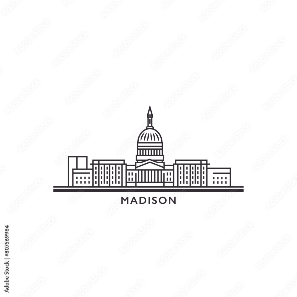Madison USA United States of America, city skyline logo. Panorama vector flat US Wisconsin state icon, abstract shapes of landmarks, skyscraper, panorama, buildings. Thin line style