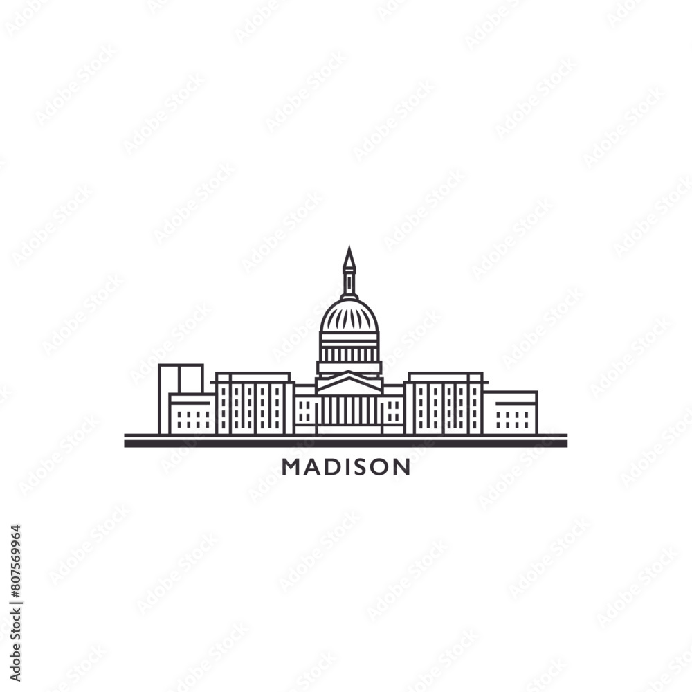 Madison USA United States of America, city skyline logo. Panorama vector flat US Wisconsin state icon, abstract shapes of landmarks, skyscraper, panorama, buildings. Thin line style Madison USA United States of America, city skyline logo. Panorama vector flat US Wisconsin state icon, abstract shapes of landmarks, skyscraper, panorama, buildings. Thin line style