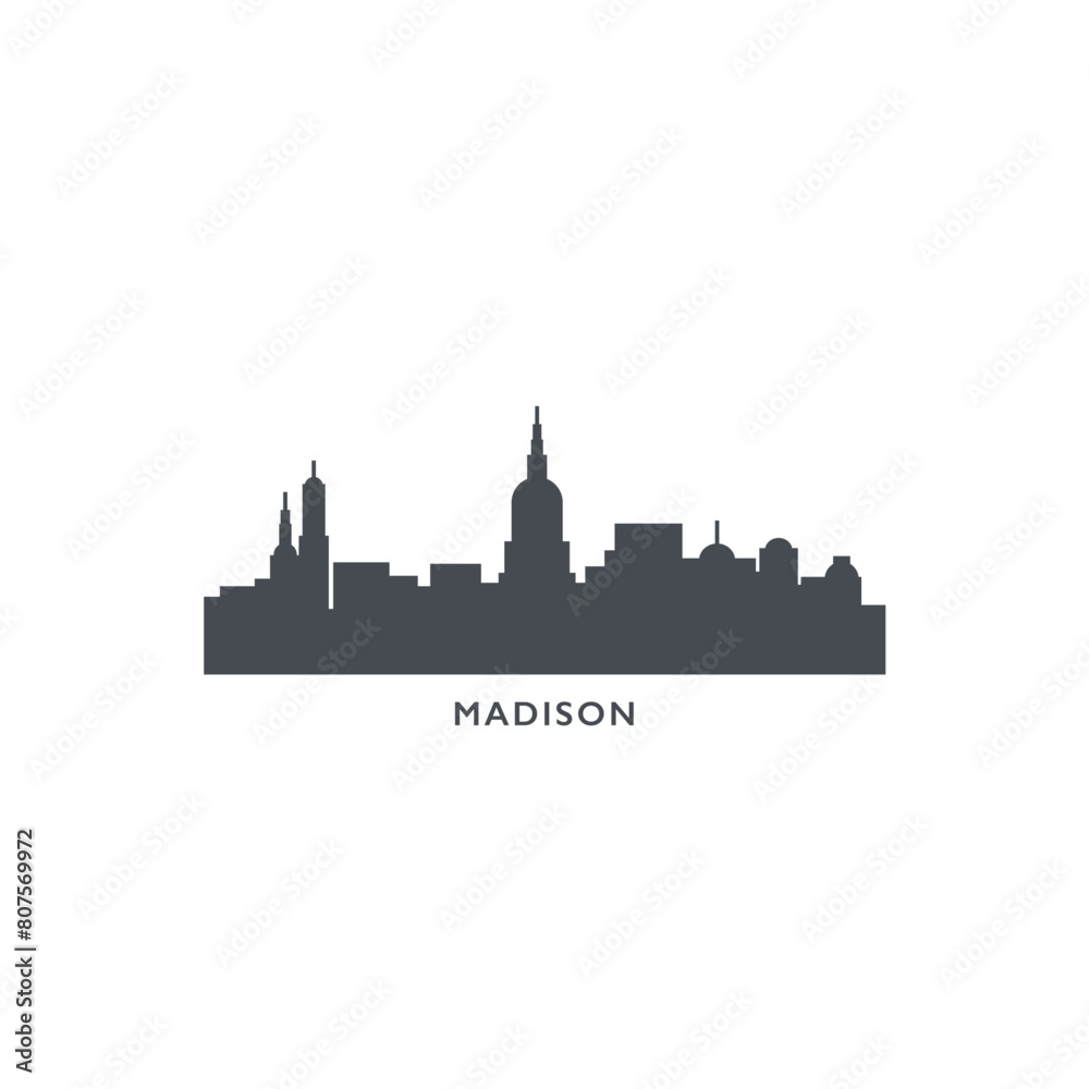 Madison USA United States of America, city skyline logo. Panorama vector flat US Wisconsin black state icon, abstract shapes of landmarks, skyscraper, panorama, buildings