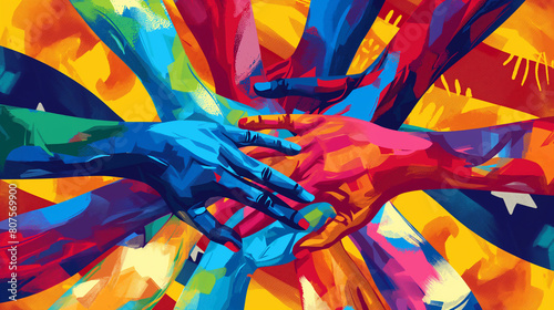  Against a backdrop of bold colors and dynamic patterns, an uplifting Juneteenth design illustration unfolds, featuring a diverse array of hands intertwined in unity and solidarity