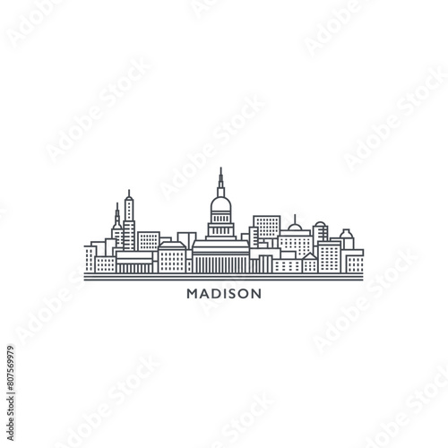 Madison USA United States of America, city skyline logo. Panorama vector flat US Wisconsin state icon, abstract shapes of landmarks, skyscraper, panorama, buildings. Thin line style