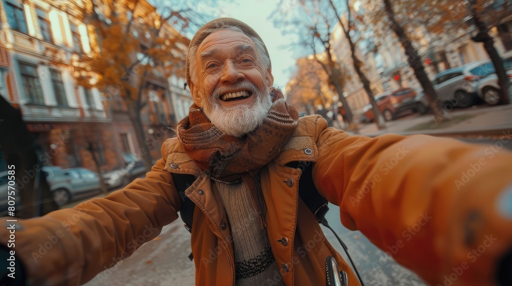 A man in a yellow jacket is smiling and taking a selfie
