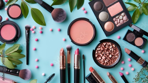 Beauty bloggers favorite makeup items in a curated flat lay showcasing style and selection photo