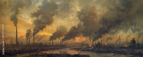 A panoramic view of a polluted industrial landscape, with smoke billowing from factories and a river choked with waste