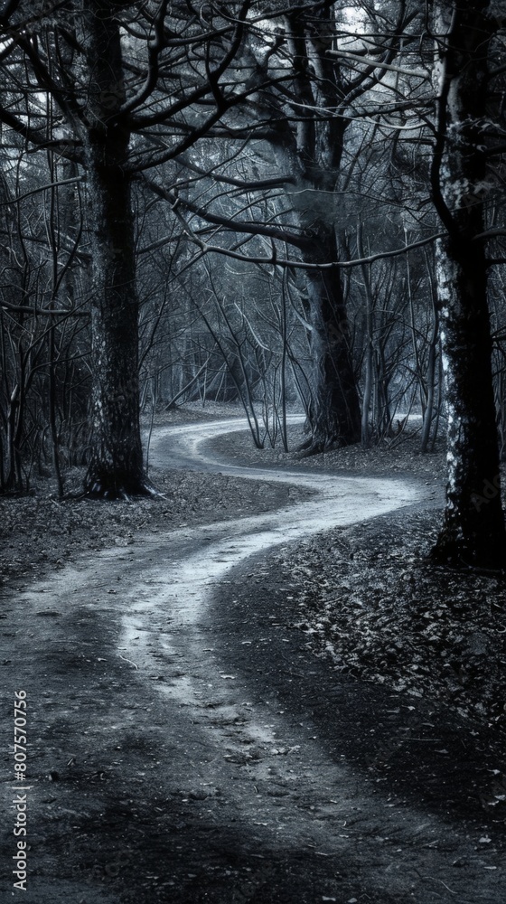 A path diverging into two dark forests, symbolizing a difficult decision with uncertain consequences A path diverging into two dark forests, symbolizing a difficult decision with uncertain consequences
