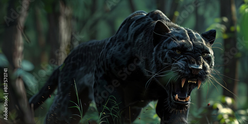 a black panther snarling, showing its teeth and fangs, with an aggressive expression in the jungle, generative AI