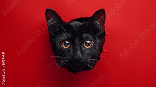 A black cat staring at you with wide green eyes.