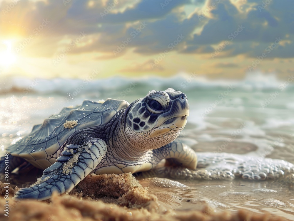 Obraz premium A photorealistic closeup of a baby sea turtle hatching on a pristine beach, emphasizing the importance of protecting endangered species