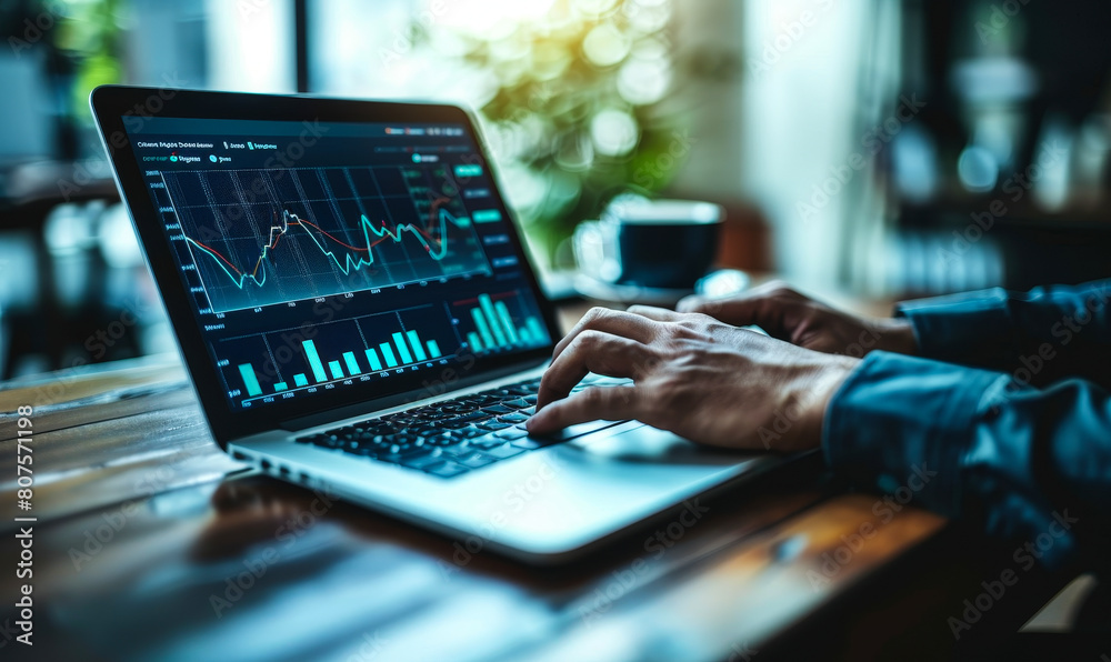 Businessman analyzing financial data, business growth charts on laptop - accountant calculating reports, investment planning concepts Businessman analyzing financial data, business growth charts on laptop - accountant calculating reports, investment planning concepts