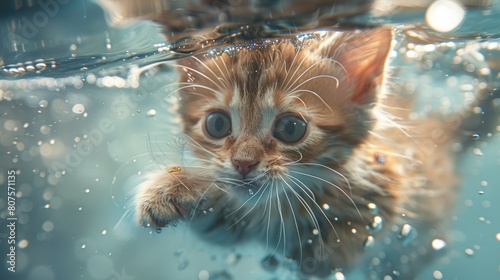 A cute kitten is swimming in the water. The kitten is orange and white, and it has big blue eyes. It looks like it is having a lot of fun.