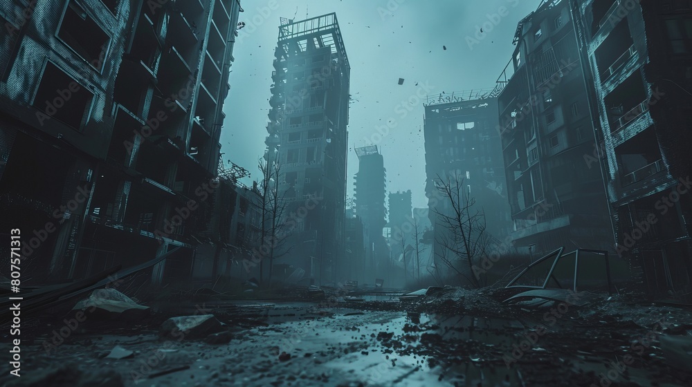 Close up photo of gloomy desolate dystopian cyberpunk city background