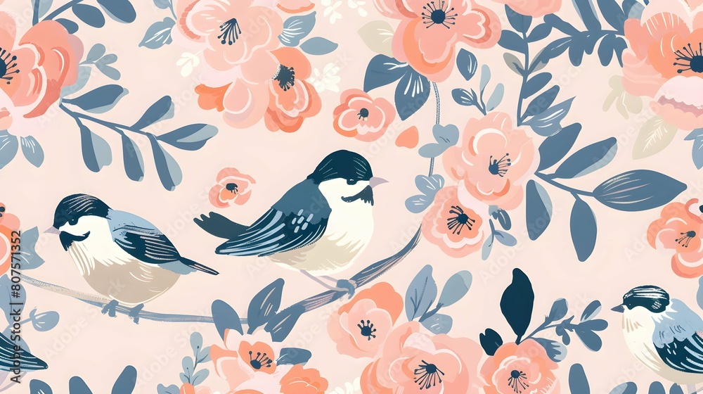 floral pattern with cute birds in spring for Wedding, anniversary, birthday and party. Design for banner, poster, card, invitation and scrapbook