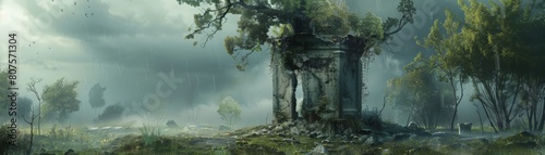 A photorealistic image of a war monument crumbling and overtaken by nature, signifying the impermanence of violence