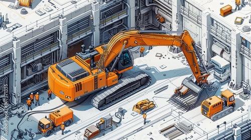 Many construction engineers are helping to build the structure and have many machines.