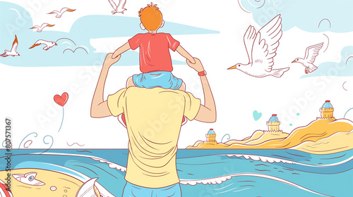 Happy Father's day vector background, web banner, and poster. Dad carries the kid on his shoulders