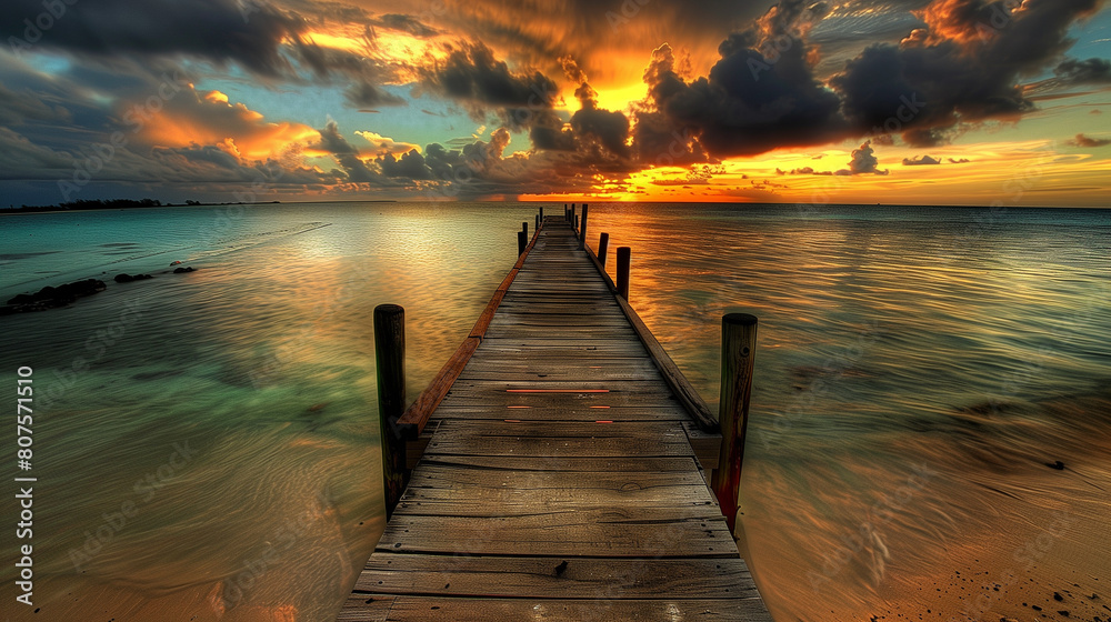 At sunset, a quaint wooden pier extends into the ocean.