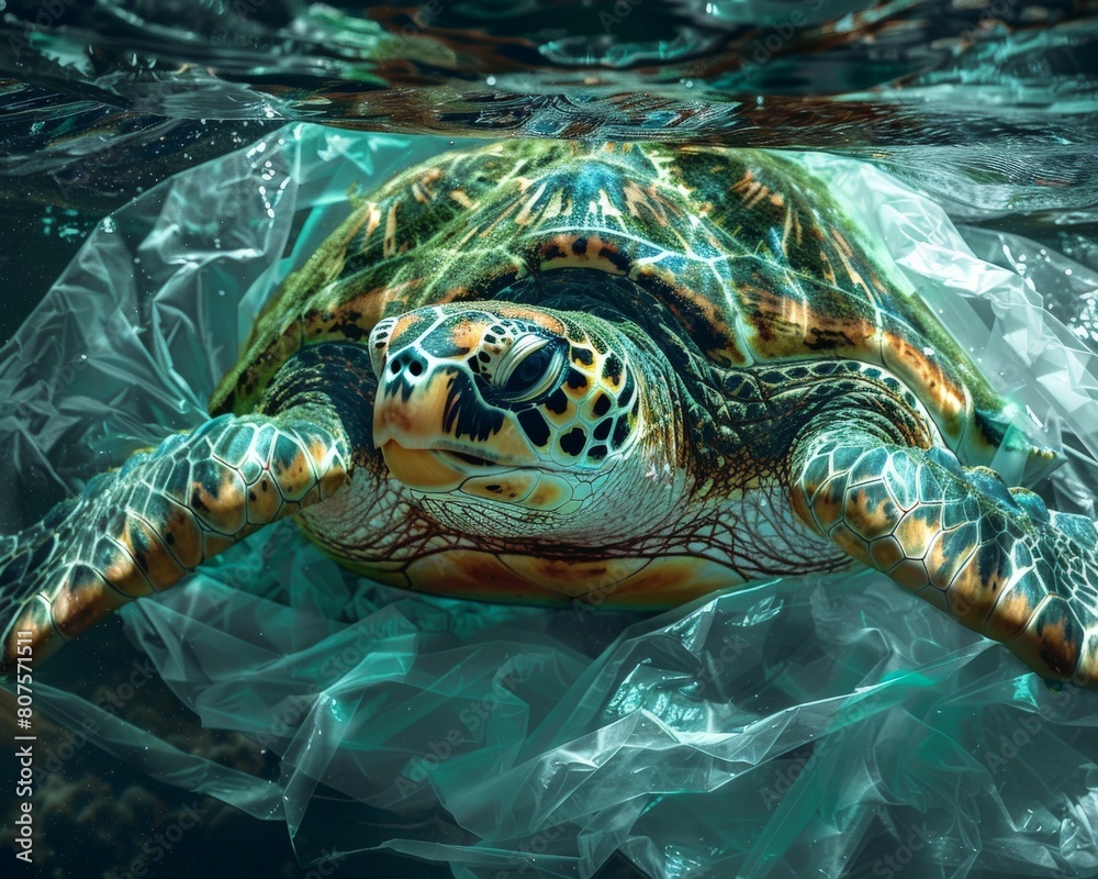 Fototapeta premium A powerful image of a sea turtle entangled in a plastic bag, struggling to breathe and swim