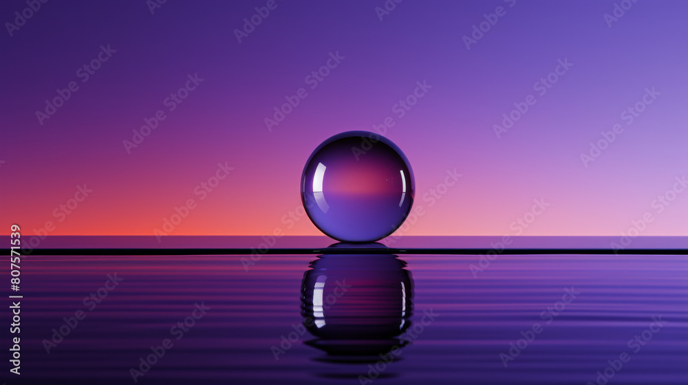 A large, clear, purple ball is floating on the surface of a calm body of water A large, clear, purple ball is floating on the surface of a calm body of water
