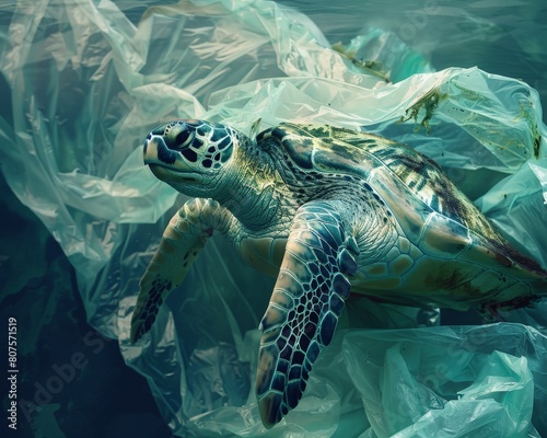 A powerful image of a sea turtle entangled in a plastic bag, struggling to breathe and swim